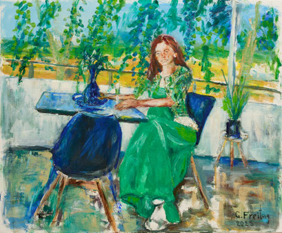 KETI AUF DER VERANDA | 2025, Öl auf Leinwand, 120 x 100 cm