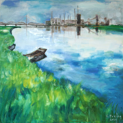 DONAU LINZ | 2021, Öl auf Leinwand, 120 x 120 cm