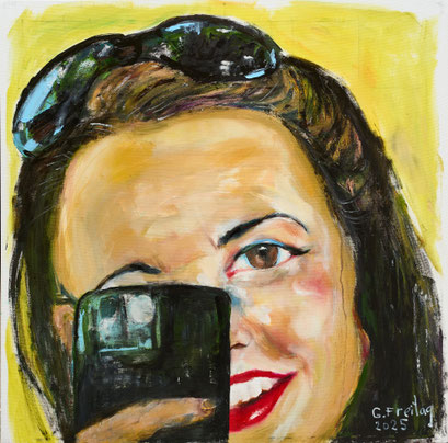 KETI MIT HANDY | 2025, Öl auf Leinwand, 100 x 100 cm