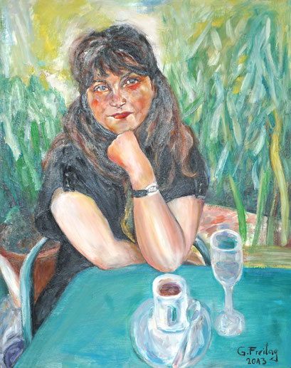 NADEGE IM CAFE | 2013, Öl auf Leinwand, 80 x 100 cm