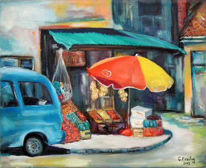 OBSTLADEN IN PRIZREN, 2013, Öl auf Leinwand, 100 x 80 cm