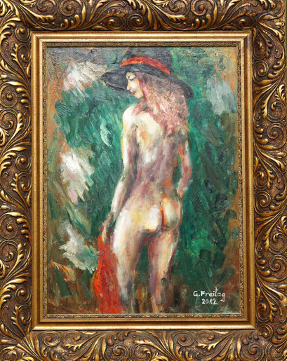 DAMENRÜCKENAKT, 2012, Öl auf Hartfaserplatte, 66,5 x 48 cm. Privatsammlung!