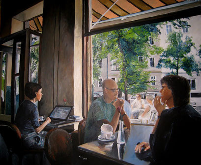 Café in Berlin Prenzlauer Berg, Acryl, 120x100cm, 2013 (verk.)