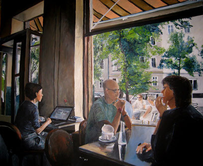 Café in Berlin Prenzlauer Berg, Acryl, 120x100cm, 2013 (verk.)