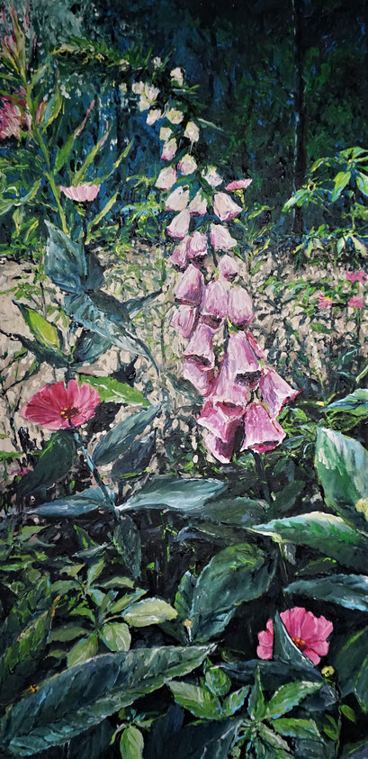 Fingerhut, Zinnien, Spinnenblume, 50x100 cm, 2022 (verk.)