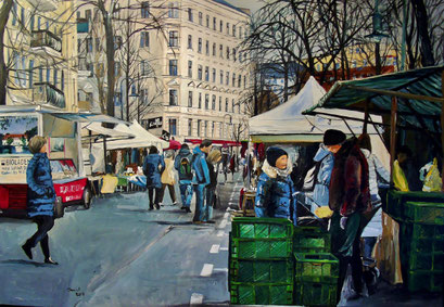 Marktstände/Kollwitzmarkt, Berlin-Prenzlauer Berg, 100x70 cm, 2016