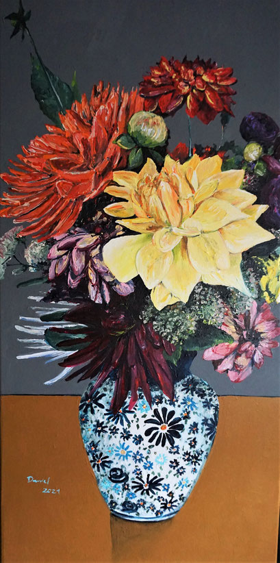 Dahlien und Sedum (II), 50x100cm, 2021