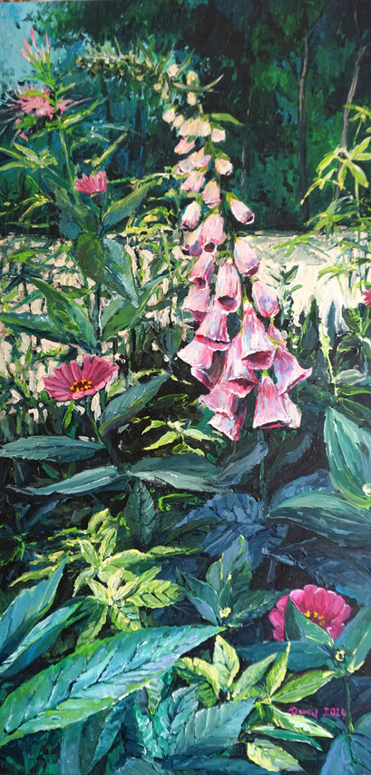 Fingerhut, Zinnien, Spinnenblume (3. Version), 50x100 cm, 2024