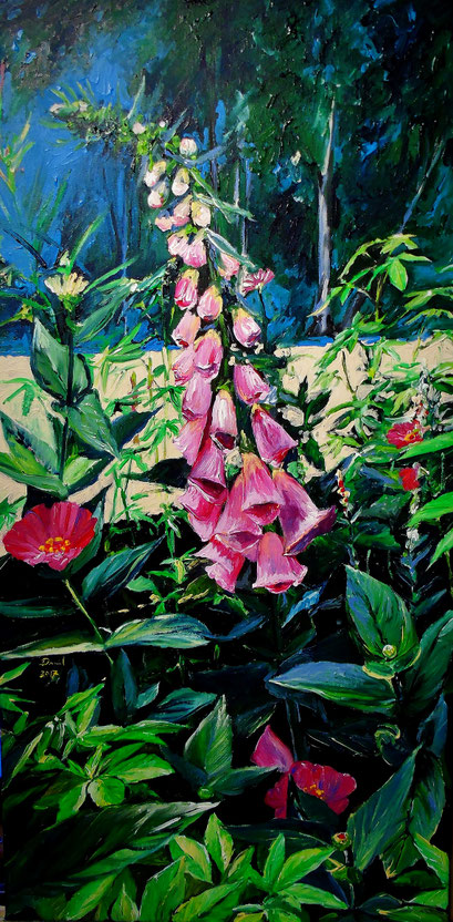 Fingerhut und Zinnien, 50x100 cm, 2017 (verk.)