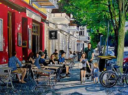 Straßencafes, Dunckerstraße, Berlin-Prenzlauer Berg, 80x60 cm, 2017 (verk.)