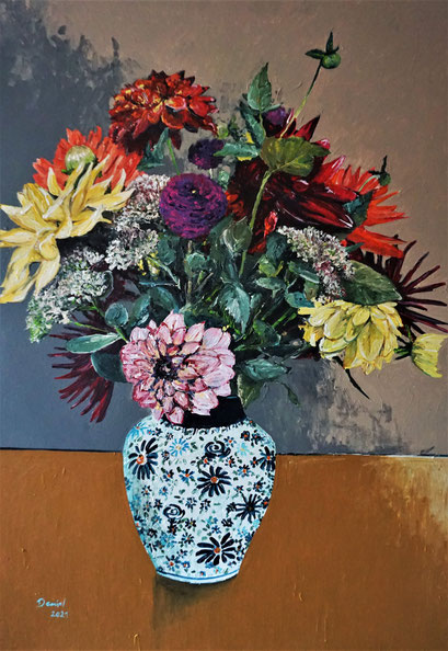 Dahlien und Sedum (I), 70x100cm, 2021