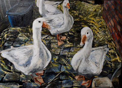 Gänse im Stall, Acryl, 70x50cm, 2014 (verk.)