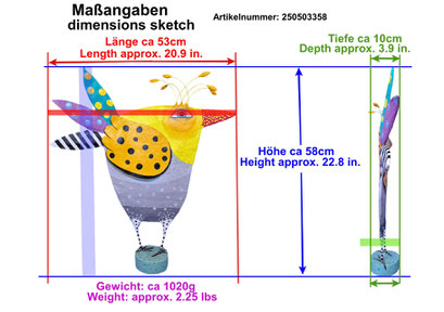 Kreative Bodendekoration: handbemalter Pappmaché-Vogel im Folk-Art-Design. Das Bild zeigt die Maße der Skulptur sowie deren Gewicht 