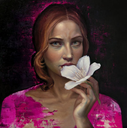 "Les Fleurs du mal - Frau mit weißem Oleander" - Öl auf Holz - 40x40 cm - 2025
