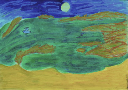 Dark Spanish sea, Lonely Boat. Oil Paint and oil pastel on paper, 29,7 x 42cm, Costa Brava, Spain