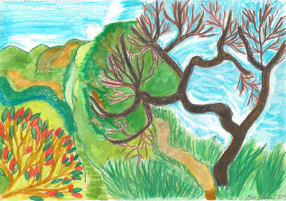 Olive Grove, meditation garden.  Watercolour on paper, 21 x 29, 7cm, Benissiva, Spain, 2019.