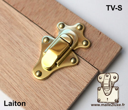 Small TV-S solid brass latch with screw mounting for trunks and boxes.