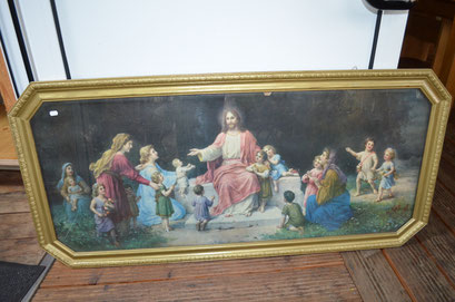 altes, langes Heiligenbild (Druck) im Holzrahmen mit Stuck und Glas. Maße: 60 cm hoch, 127 cm breit. Sonderpreis: 20,00 €