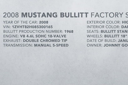 Le texte descriptif de la Mustang Bullitt 2008 inclu les spécifications et numéros de production