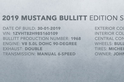 Le texte descriptif de la Mustang Bullitt 2019-2020 inclu les spécifications et numéros de production