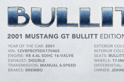 The 2001 Mustang Bullitt factory specifications and personalized information of the car are displayed on the print.