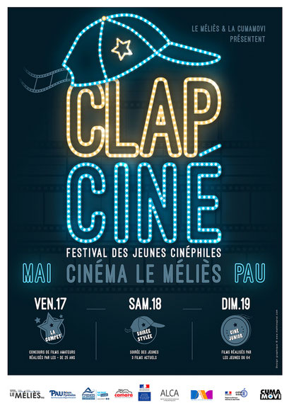 CLAP CINÉ Festival des jeunes cinéastes des Pyrénées-Atlantiques organisé par la Cumamovi & le cinéma Le Méliès de Pau   Création des identités visuelles du festival depuis sa création.    Réalisations graphiques des affiches, programmes et de l'ensemb