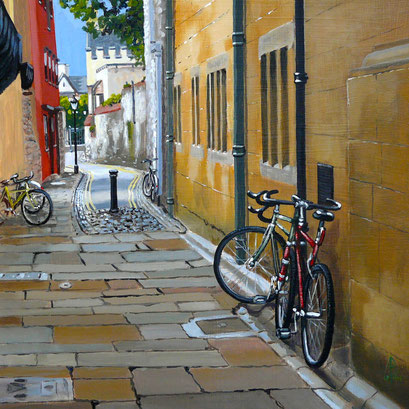 Magpie Lane, Oxford - acrylic on gessoed card, 12 x 12 inches (30 x 30 cm).  Private client