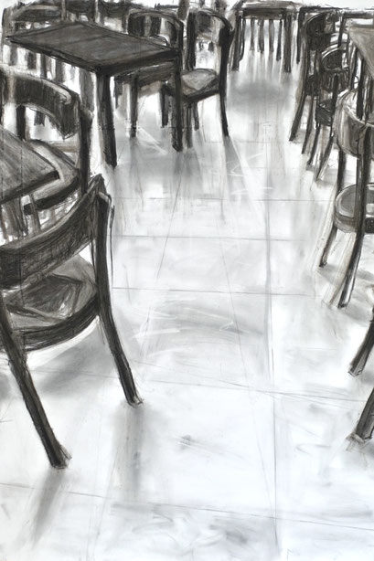 Stühle 1, 100x70 cm, Zeichnung Kohle auf Papier, 2025