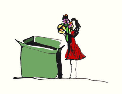 A. stellt die grosse Kiste ab und nimmt die Blumen daraus hervor. ILLUSTRATION 2016