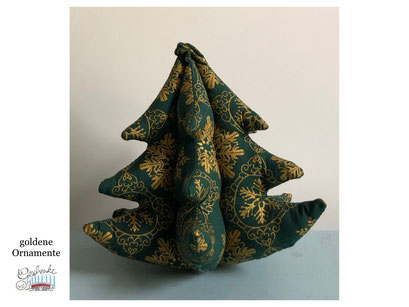 Stoff-Weihnachtsbäumchen in 3D - grüner Stoff mit goldenen Ornamenten - Dekobaum