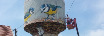 photo d'une fresque sur château d'eau de Montliot(côte d'or), représentant des oiseaux réalisée par Coron Thibaud