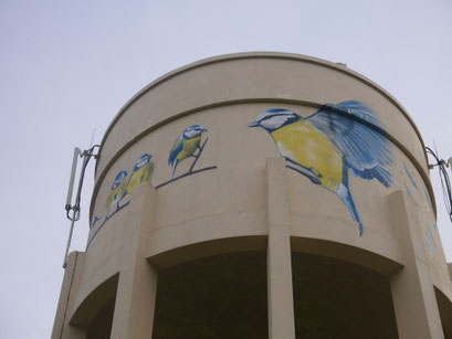 photo d'une fresque sur le château d'eau de Savolles réalisé par Coron Thibaud représentant des mésanges