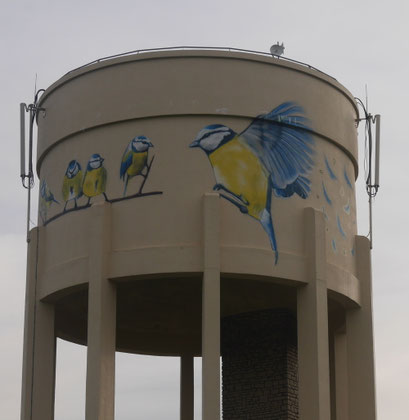 photo d'une fresque sur le château d'eau de Savolles réalisé par Coron Thibaud représentant des mésanges