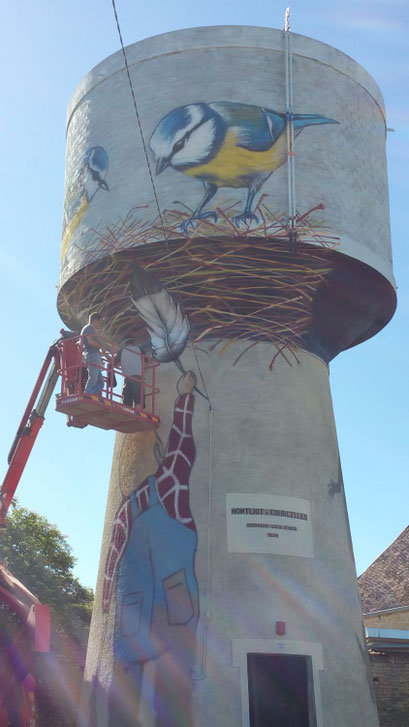 photo d'un château d'eau peint d'une fresque street art par Coron Thibaud