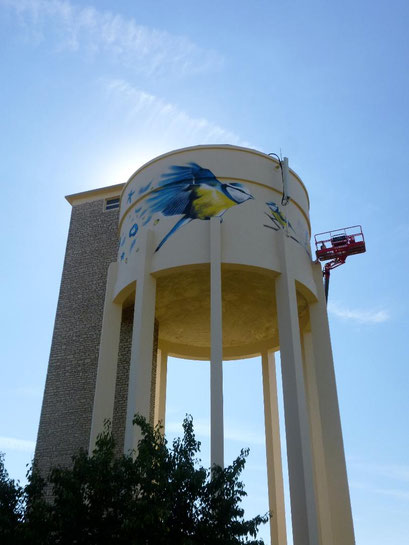 photo d'une fresque/street art sur le château d'eau de Savolles réalisé par Coron Thibaud représentant des oiseaux