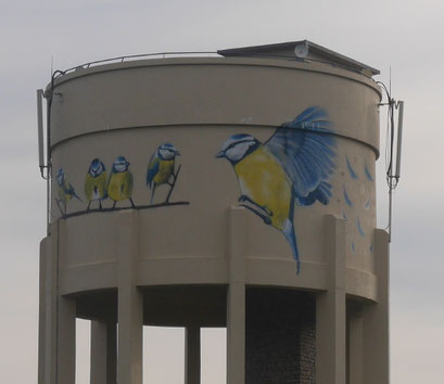 photo d'une fresque, street art sur le château d'eau de Savolles réalisé par Coron Thibaud représentant des mésanges