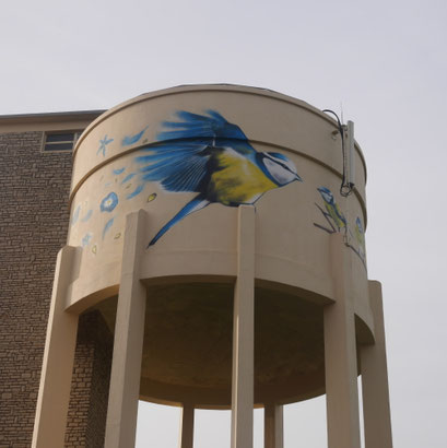 photo d'une fresque sur le château d'eau de Savolles réalisé par Coron Thibaud représentant des mésanges