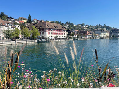 Blick von der Rheinbrücke auf den Güterhof Schaffhausen