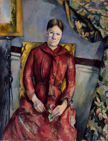 Madame Cézanne im roten Kleid auf Lehnstuhl