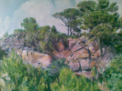 "Pinien auf Fels (Bei Valldemossa, Mallorca)", Öl/Acryl, 80x60cm, 2009