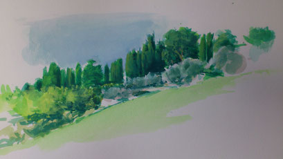 "Hügel bei San Benedetto (Toscana)" Aquarell/Gouache auf Papier - vor Ort- 08.08.2017