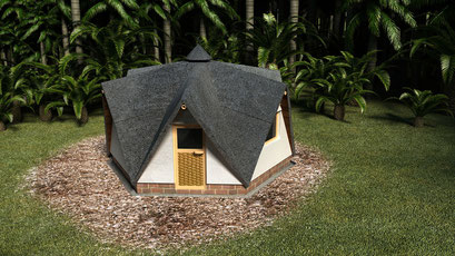 3D-Visualisierung Hütte , Bambushaus, Kriesengebiete, erdbebensichere Architektur