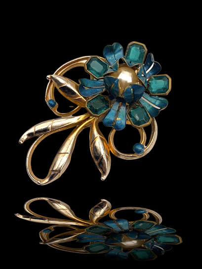 Stylish Art Nouveau Style Fur Clip - 1930's European clip, blue enamel large flower & bezel stones petals -- art.558/4