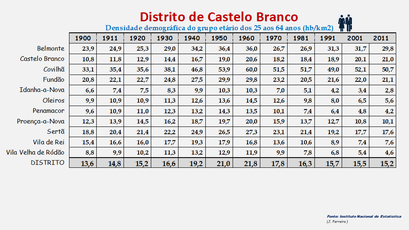 Distrito de Castelo Branco – Densidade populacional (25-64 anos) nos censos de 1900 a 2011