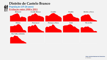 Distrito de Castelo Branco - Número de habitantes dos concelhos entre  1900 e 2011  (15-24 anos)