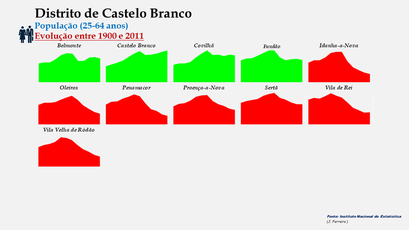 Distrito de Castelo Branco – Número de habitantes dos concelhos constantes do censos realizados entre 1900 e 2011 (25-64 anos)