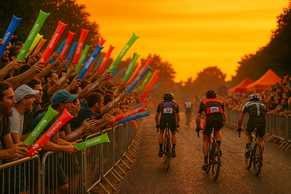 Cyclists racing in a road cycling criterium event using custom printed cycle race numbers, with spectators and event branding creating a professional race atmosphere.