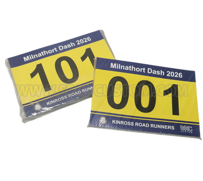 Custom printed Tyvek runner race bib numbers produced for the Milnathort Dash running event organised by Kinross Road Runners.