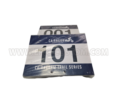 Custom printed A5 laminated cycle race boards produced for the Cairngorm Trail Series mountain bike event.