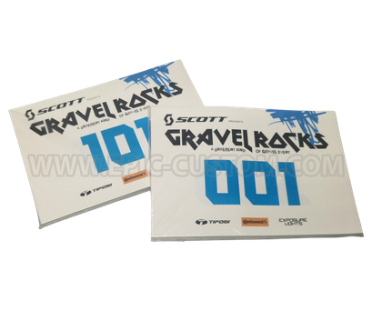 Custom printed Tyvek runner race bib numbers produced for the Gravel Rocks endurance event.